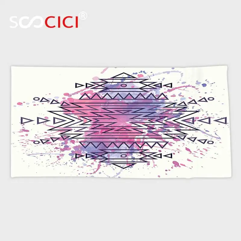 Custom Microfiber Ultra Soft Bath/hand Towel,Tribal Aztec Pattern with Brushstroke Watercolors Blurry Backdrop Folk Print Light