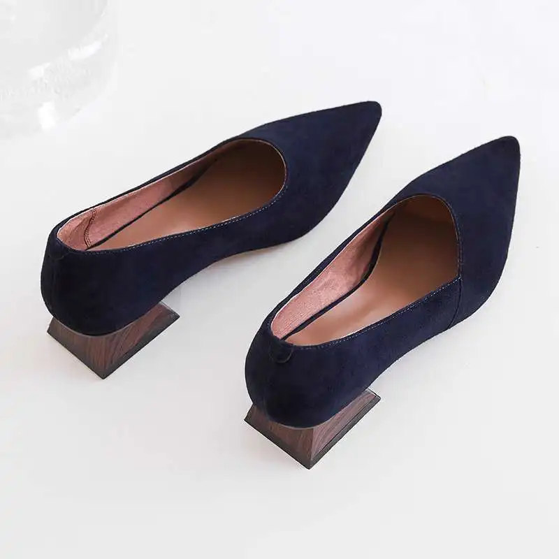 Тёмно-синий Krazing Pot European popular concise pumps genuine leather block low heels slip on solid vintage pointed toe clubwear shoes L25 - Цвет: Тёмно-синий