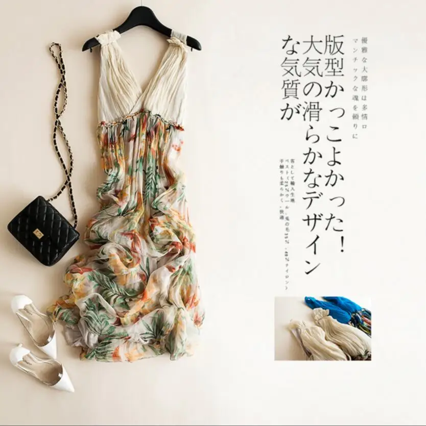 

Fashion Women Clothing Real Silk Dresses Print Dress Summer Pattern V-neck Loose Dress Lady Beach Clothing Casual