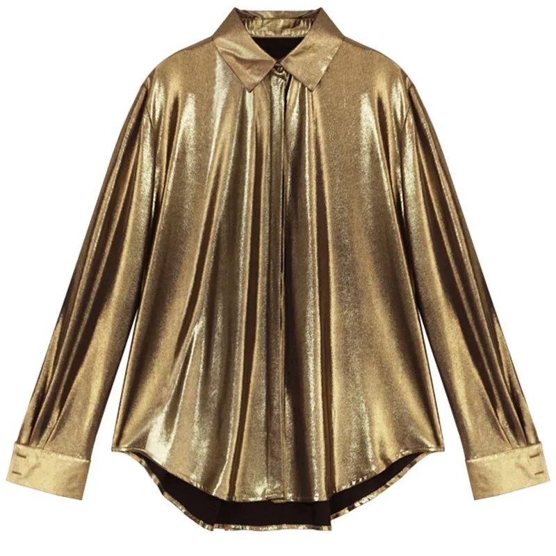 Gold Blouse CHICEVER Весна Осень Женские топы и блузки с лацканами с длинным рукавом свободные золотые блузки женские рубашки модная винтажная одежда - Цвет: Gold Blouse