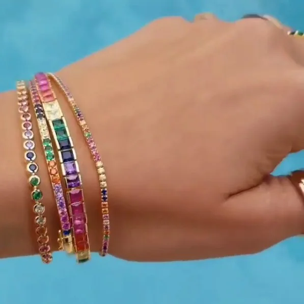 Модный Блестящий браслет с фианитами тонкой моды Радужный красочный квадратный