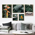 Настенная картина в скандинавском стиле с изображением оранжевых цветов зеленых растений листьев, винтажный автомобиль, настенные картины для гостиной и дома
