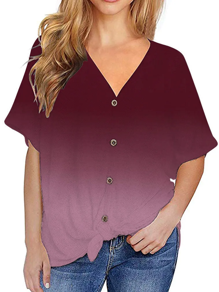 2019 Лето Градиент Для женщин с v образным вырезом топы футболка короткими рукавами