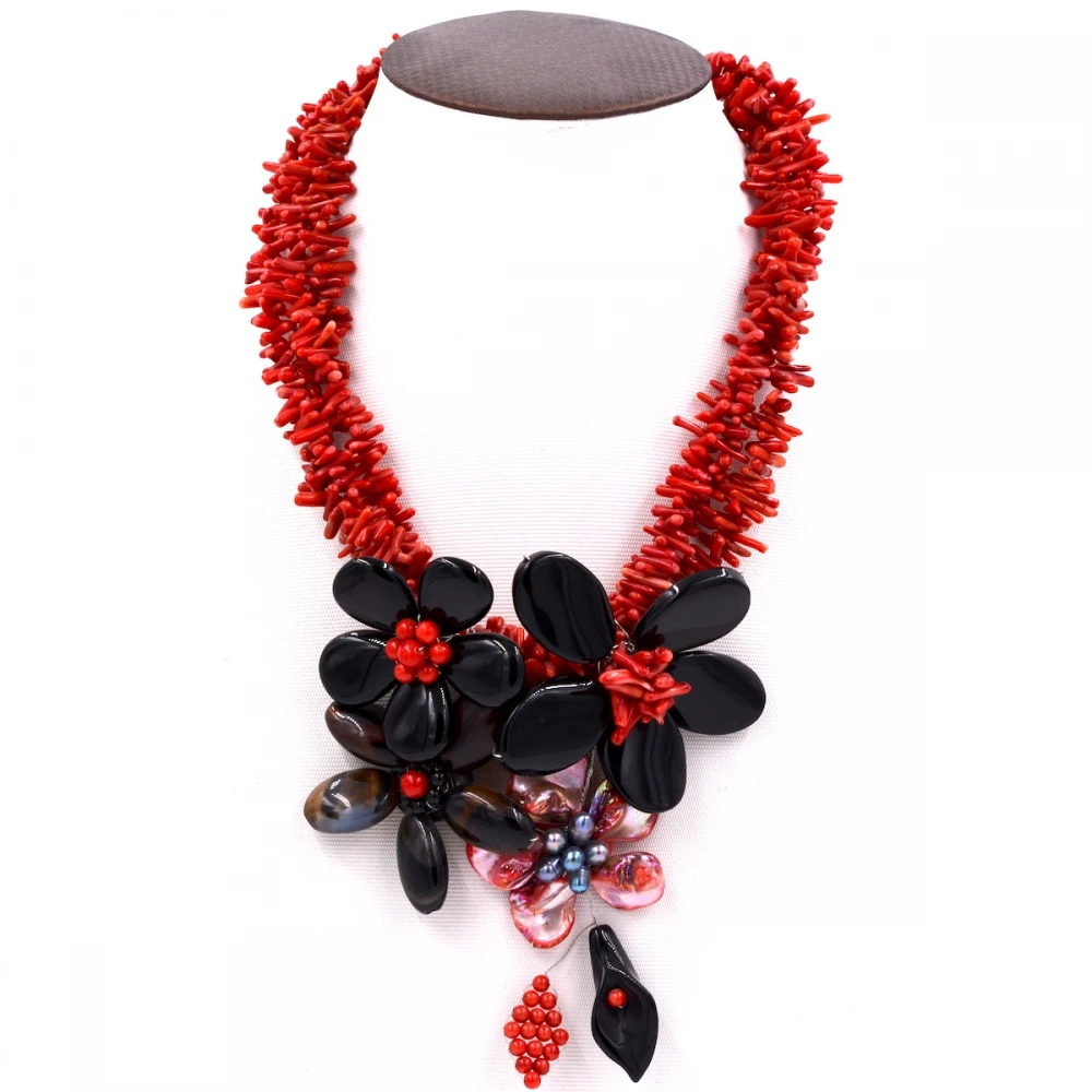 2017 Европа новое поступление красный коралловый и черный оникс цветок Чокеры