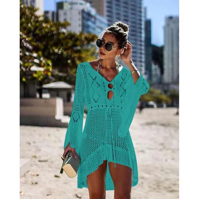 green beach dress BLESSKISS парео пляжное платье для женщин Туника Летняя вязаная крючком с длинным рукавом бикини купальник на выход сетчатая накидка юбка - Цвет: green beach dress