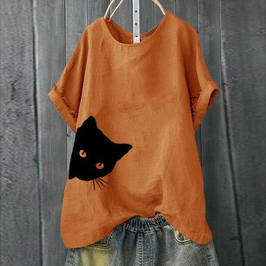 Повседневная женская футболка однотонная Свободная рубашка с принтом кошки топы