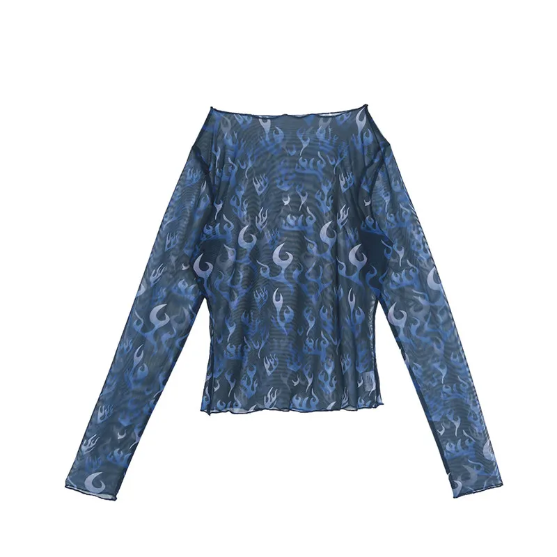 TryMeOn сексуальный кружевной кроп набор для женщин с длинным рукавом печати сетки