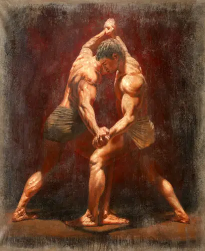 Beautiful huge Oil painting portraits young strong man wrestlers no framed