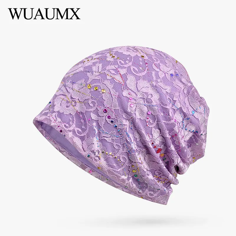 Wuaumx новые кружевные вязаные шапочки шапки для женщин с блестками полый тюрбан шапки головной убор Хип-хоп хеджирующая шапка тонкая и толстая Slouch cap s