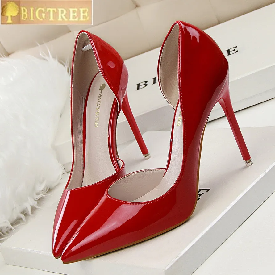 

BIGTREE 2018 New Arrival Concise Solid Patent Leather Shallow Women Pumps Sexy Cut-Outs Pointed Toe High Heels 10cm Shoes