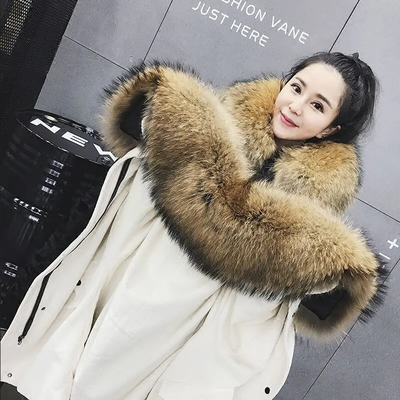Большой Размеры 2018 зима Для женщин s парки натуральный мех енота меховой воротник
