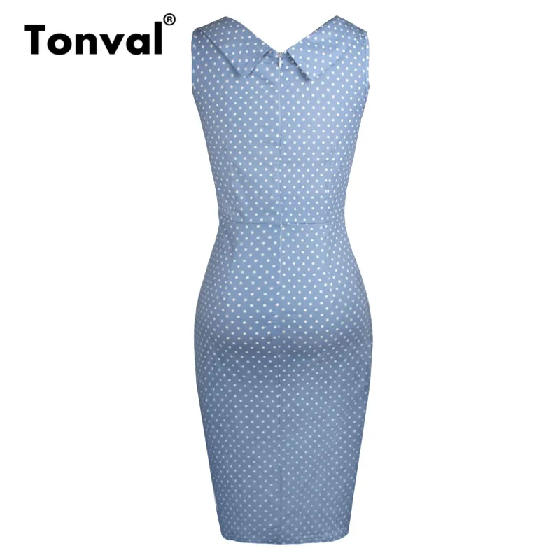 Tonval, винтажное Хлопковое платье-карандаш в горошек, синее, облегающее, женское, v-образный вырез, сексуальные, вечерние, элегантное, офисное, ретро платье