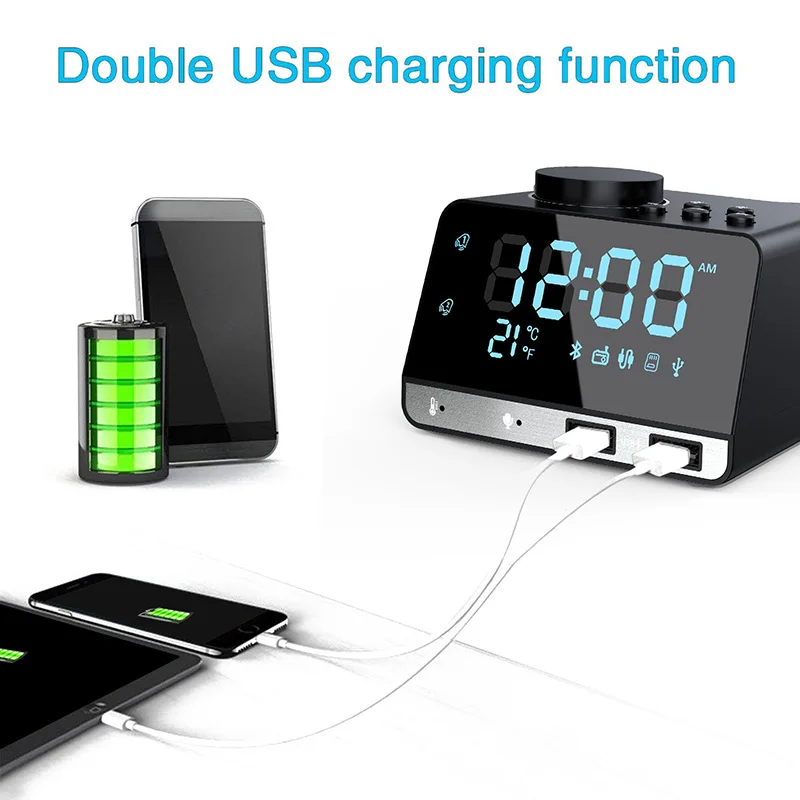 Будильник с usb зарядным устройством Цифровой Радио для спальни FM Bluetooth динамик