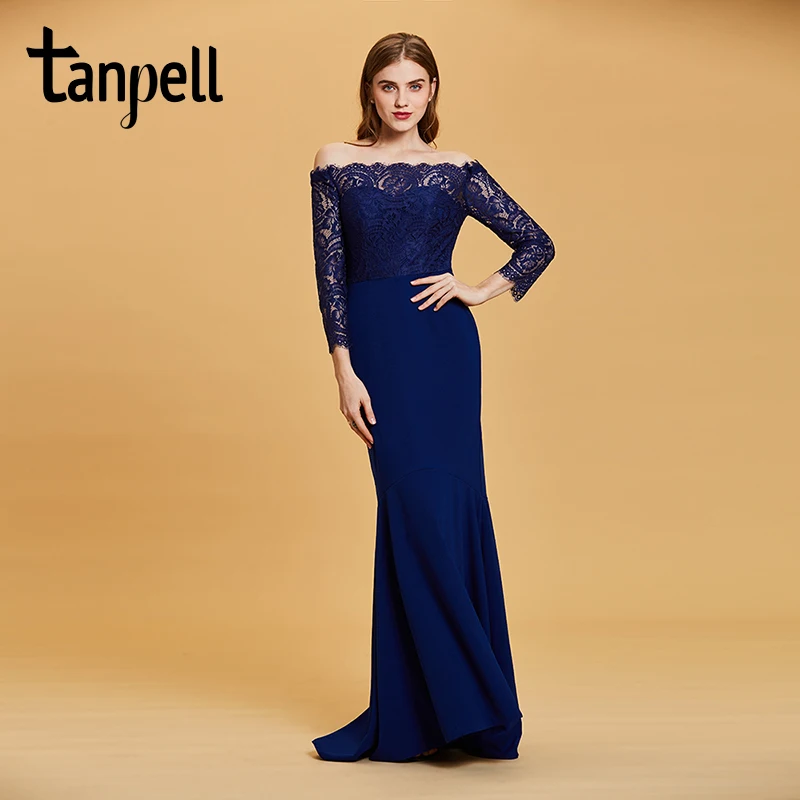 Женское вечернее платье с вырезом Лодочка Tanpell темно-синее кружевное в пол для