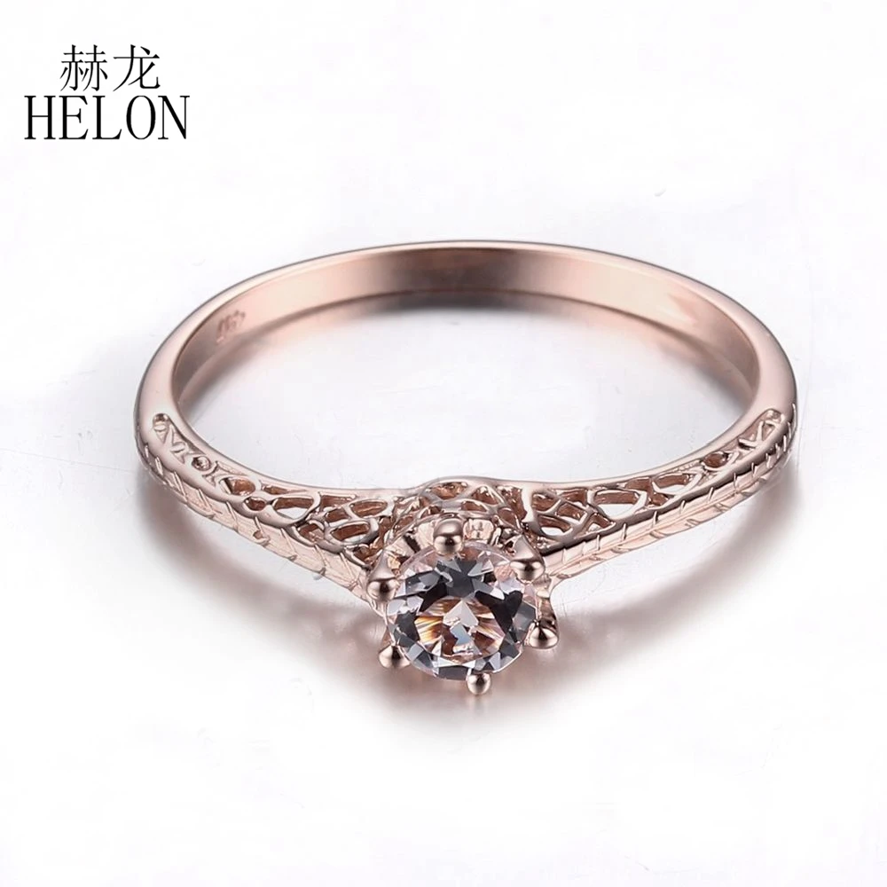 

HELON Certified Round 0.3ct Morganite Ring Solid 10K Rose Gold Engagement Wedding Ring Classic Vintage Rings For Women Jewelry