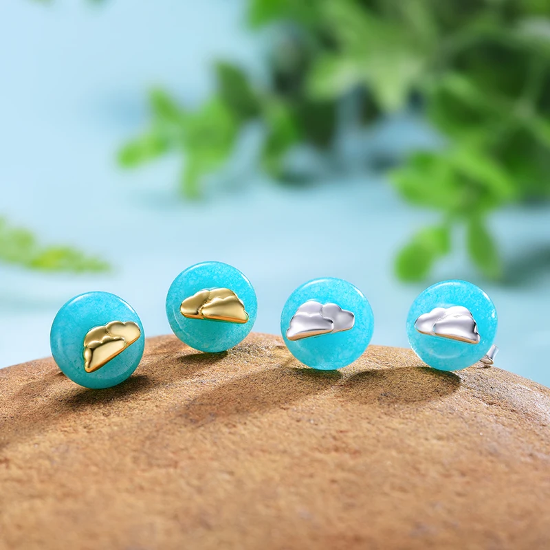 Lotus Fun Moment Real 925 Sterling Silver Creative Fashion Jewelry Minimalist Design Blue Sky and Clouds Stud Earrings for