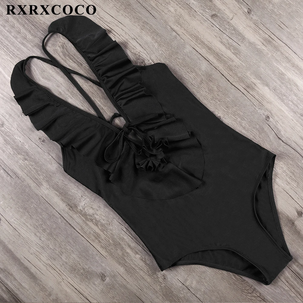 RXRXCOCO, новинка, сексуальный цельный купальник с оборками, женский купальник, пуш-ап, Одноцветный, боди, бандаж, купальники, открытая спина, купальники