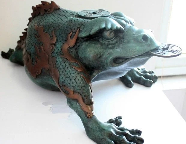 Китайские Бронзовые Медь Скульптура Фэншуй Богатство Монета Золотая жаба Spittor