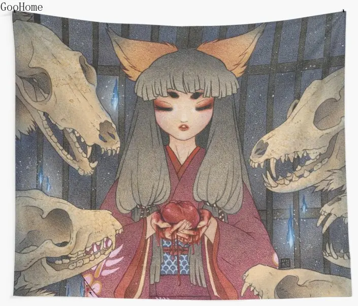 Умиление-китсуне лиса Yokai настенный гобелен покрытие пляжное полотенце пледы одеяло коврик для пикника Йога украшение дома