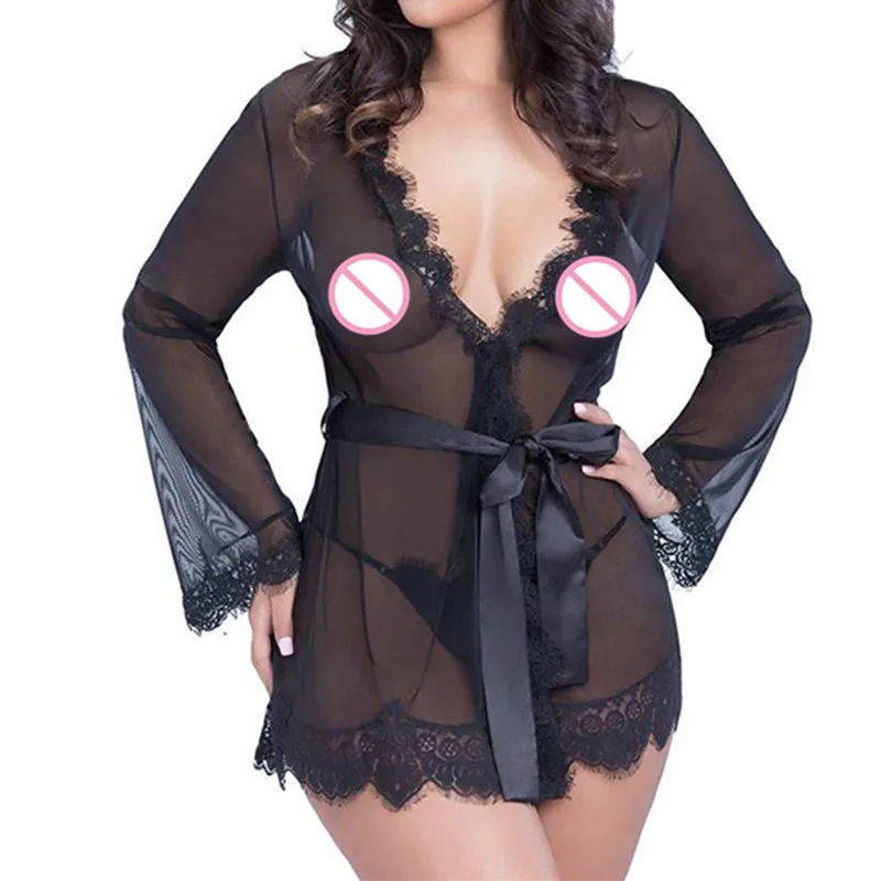 2018 женское сексуальное белье плюс размер кружевной обработанный халат с тонгами