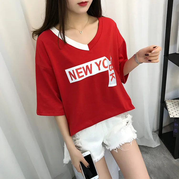 

Summer New Half Sleeve V-neck T-shirt Female Letter Print Creative Women's T-shirts Korean Chic Loose Casual Top M-XL