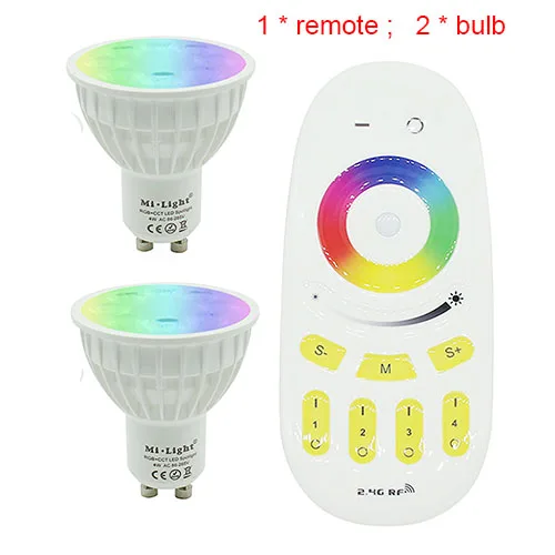 Tanbaby Mi. Светильник 2,4G беспроводной смарт GU10 Светодиодный светильник RGB+ CCT изменение цвета затемняемый Точечный светильник 4 Вт AC 85-265 в wifi Пульт дистанционного управления - Испускаемый цвет: 1 bulb 2 controller