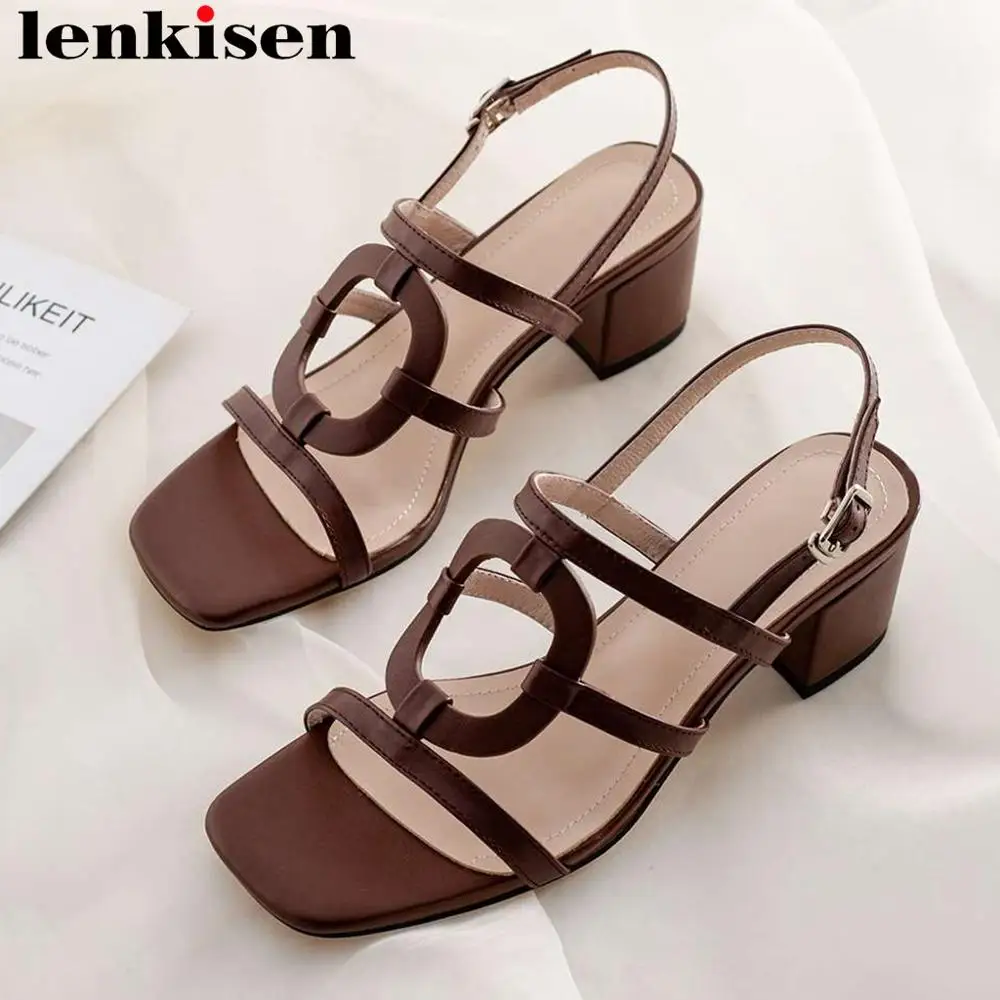 

Lenkisen young girls full grain leather chunky med heels buckle strap European style peep square toe vintage gladiator shoes L13