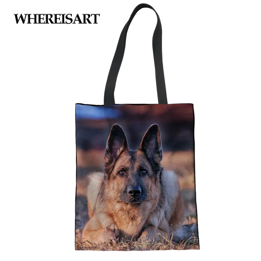 WHEREISART новые холщовые сумки-тоут немецкая овчарка собака печать женские Наплечные сумки Дамская девушка Складная хозяйственная сумка для девочек