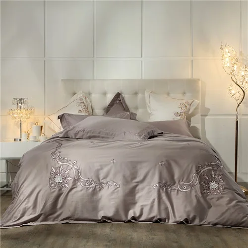 bedding set 2 Кремовый, белый, фиолетовый, серый комплект постельного белья из египетского хлопка, Комплект постельного белья с вышивкой, пододеяльник, наволочка - Цвет: bedding set 2