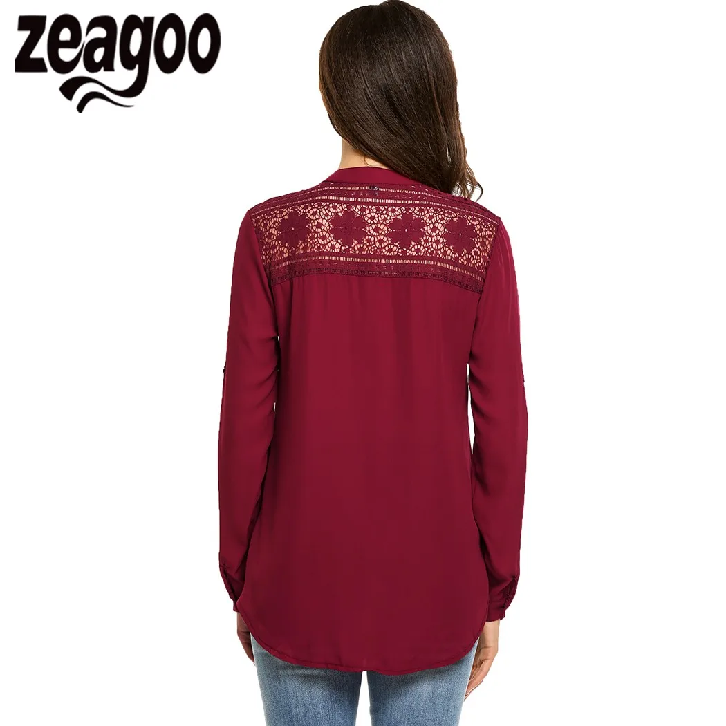 Zeagoo 2018 Summer Autumn Women V-Neck Sleeve ladies Fashion Elegant Blouses Lace Patchwork Blouse Shirt Casual Top |