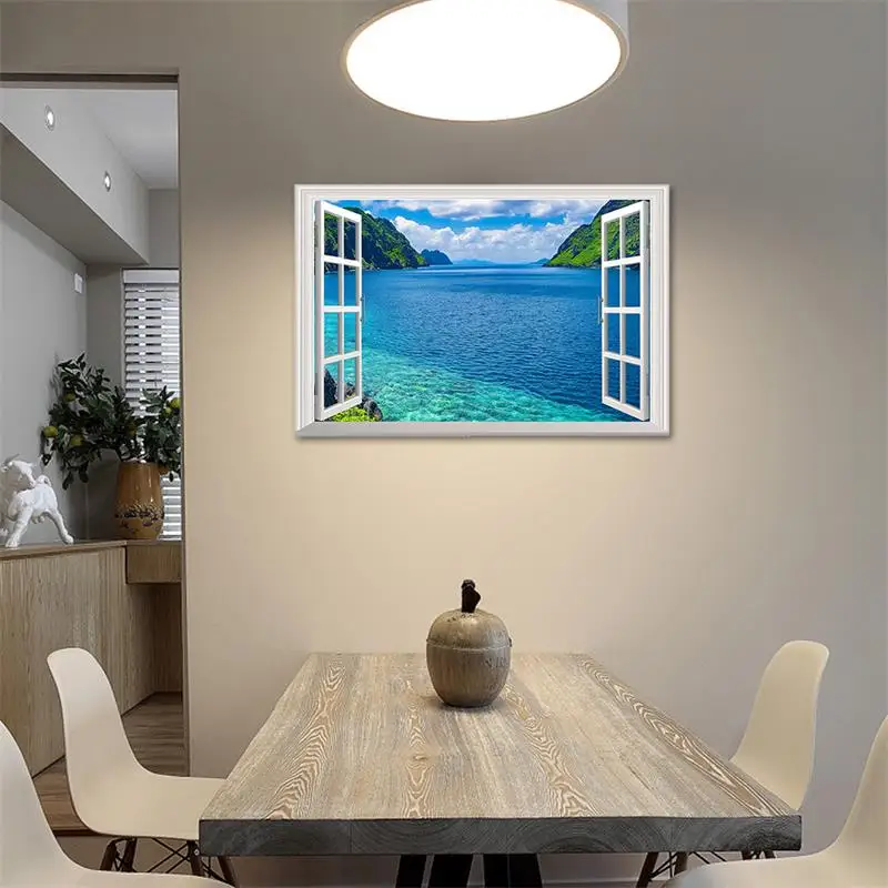 3D эффект окна пейзаж красивый синий морской пляж наклейка на стену искусственное