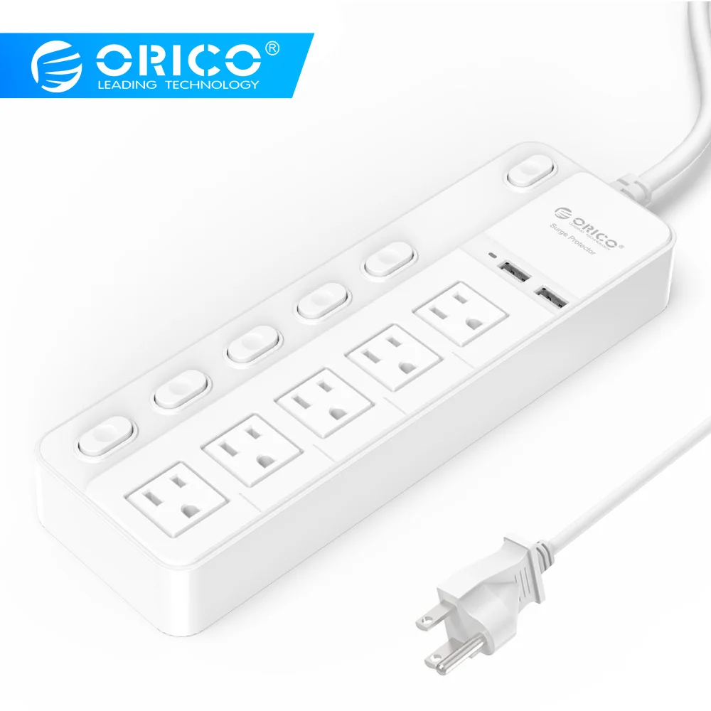 ORICO SPC силовая лента 5 розеток переменного тока с 2 usb-портами для зарядки Кнопка питания Управление штепсельной вилкой США с usb умным зарядным устройством