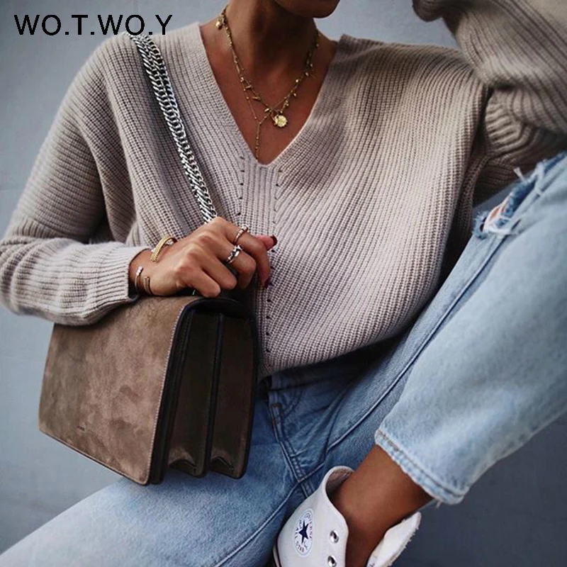 WOTWOY 2020 Autumn Winter Blue Knitted Pullovers Women Long Sleeve V-neck Cashmere Sweaters Casual Korean Female Jumper | Женская одежда