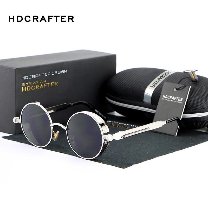 

HDCRAFTER Vintage Round Metal Steampunk Sunglasses Polarized Brand Designer Retro Steam Punk Sun Glasses for Men oculos de sol
