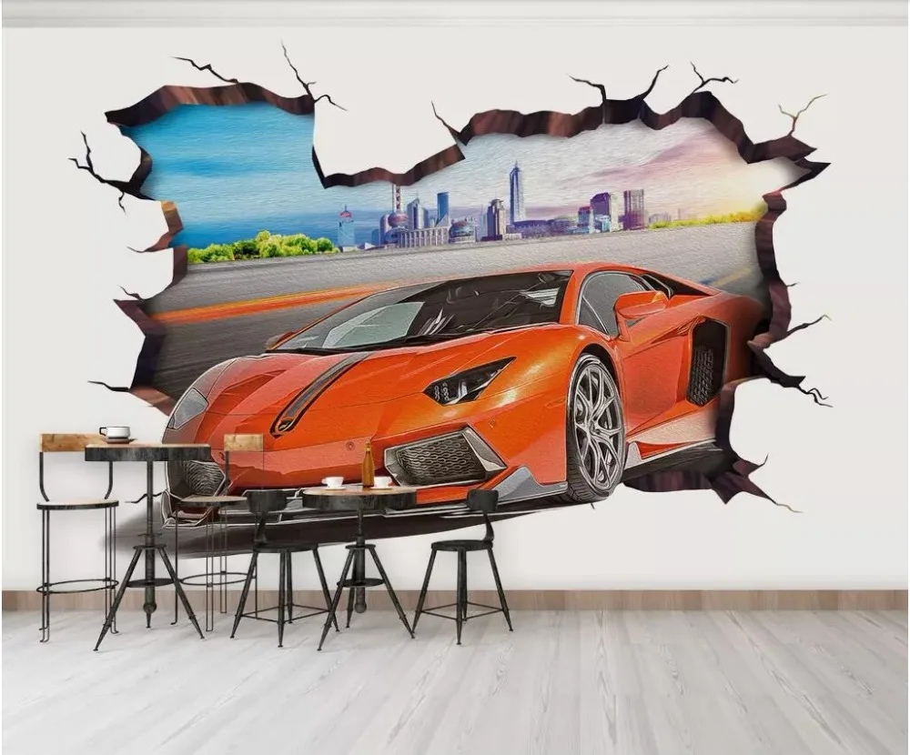 3d фото обои на заказ настенная живопись спортивный автомобиль через стену