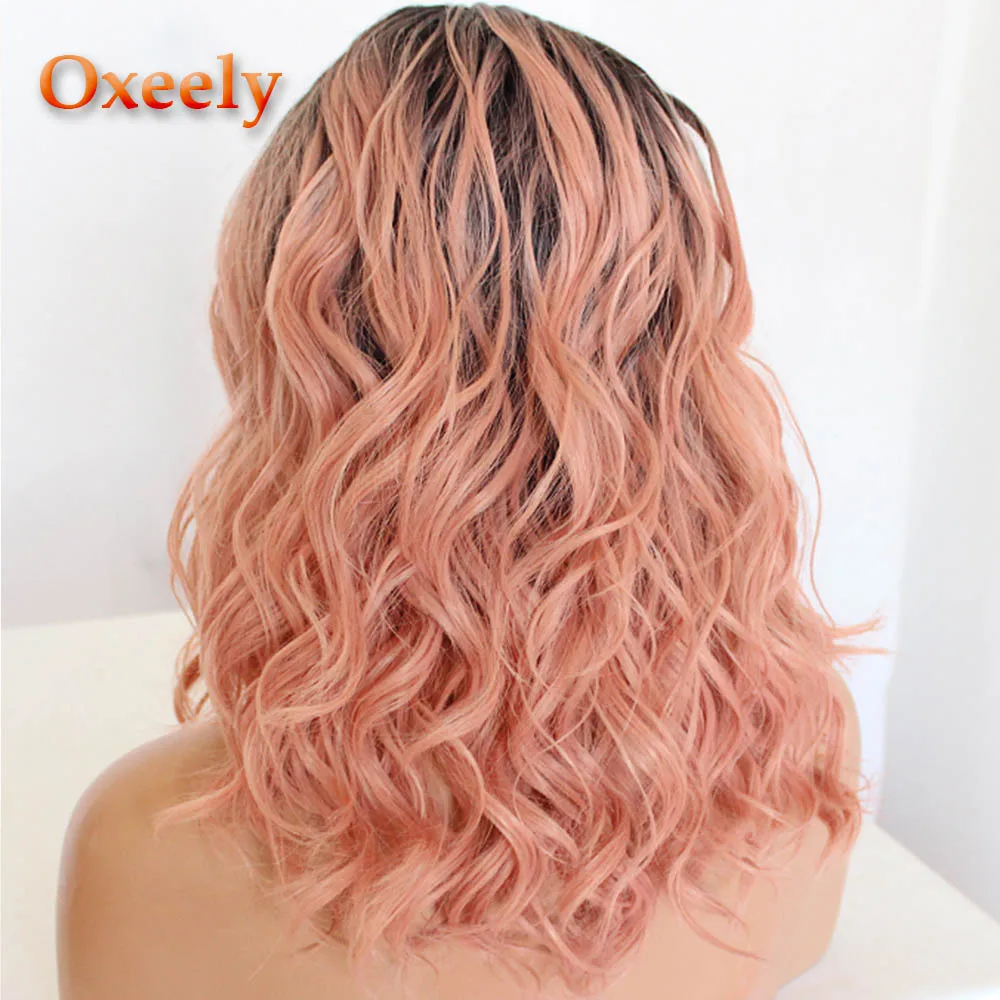 DK-H Pink Oxeely боб парики для женщин коричневый цвет кружева передние парики термостойкие натуральные короткие волны синтетические кружева передние парики волокна волос парик - Цвет: DK-H Pink