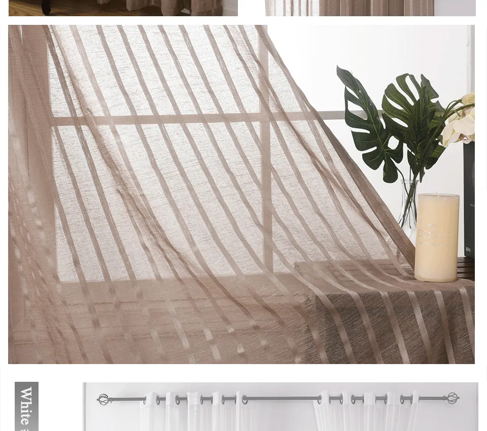 ICECUR Brown/White/Cream All-match Stripe Sheer Modern Curtains For Living Room Tulle Curtain for Bedroom Kitchen Window Voile