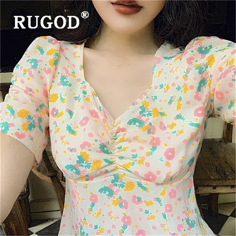 RUGOD Элегантный цветочный принт женское платье в Корейском стиле шик из шифона с