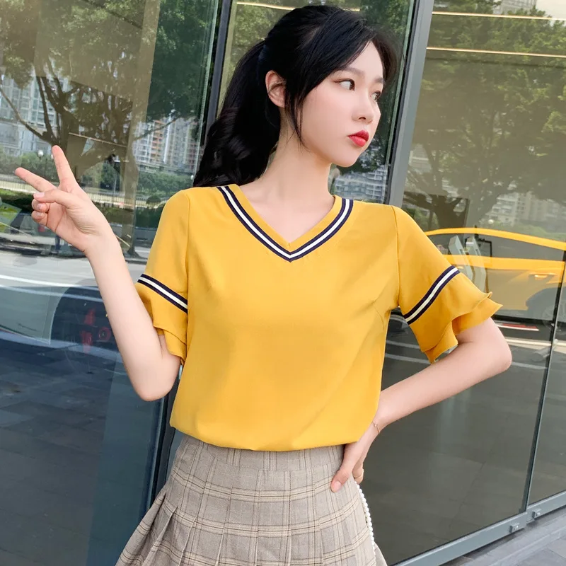Женская шифоновая рубашка в Корейском стиле с v-образным вырезом и расклешенными