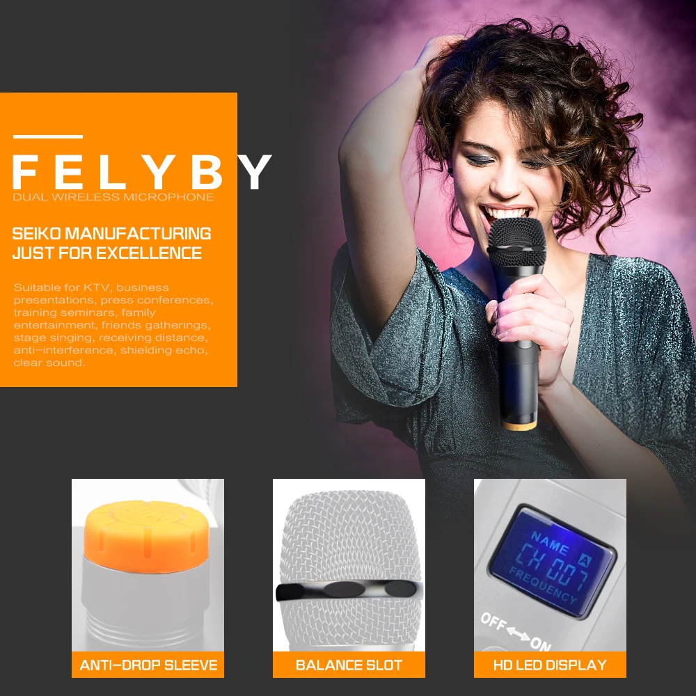 FELYBY профессиональный высококачественный караоке микрофон динамический микрофон VHF ручной двойной беспроводной микрофон для компьютера ТВ