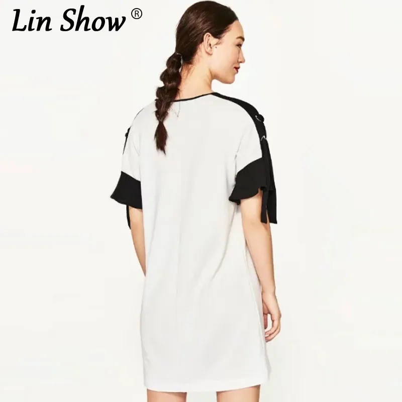 Linshow Элегантный белый шнурок футболка платье в стиле пэчворк с круглым вырезом