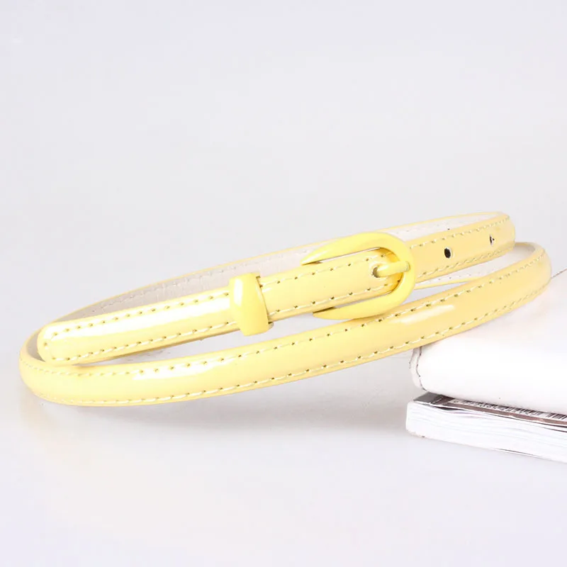 Yellow Яркие цвета, блестящий пояс из искусственной кожи для женщин, черный, красный, розовый, узкие тонкие ремни, пояс с пряжкой, ремни для платья - Цвет: Yellow