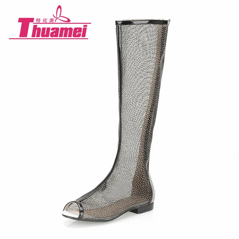 Новые женские модные сандалии на плоской подошве до колена весенне летняя обувь