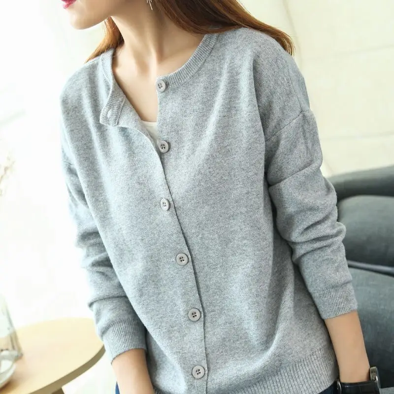 Light grey Двусторонний кашемировый свитер, новая мода, кашемировый кардиган, Женское пальто, весна и осень, Круглый ворот, длинный рукав, свитер - Цвет: Light grey