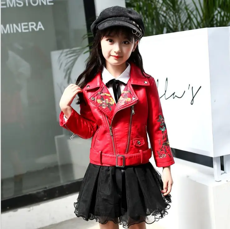 

Детская куртка 2019, зимняя куртка для девочек с вышивкой, пальто из искусственной кожи для девочек, детская верхняя одежда с отложным воротни...