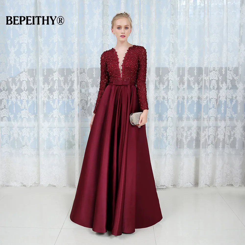 

New Arrival Full Sleeves Long Evening Dress Party Elegant Deep V neck 2021 Lace Sexy Backless Prom Gowns With Belt Hot Sale