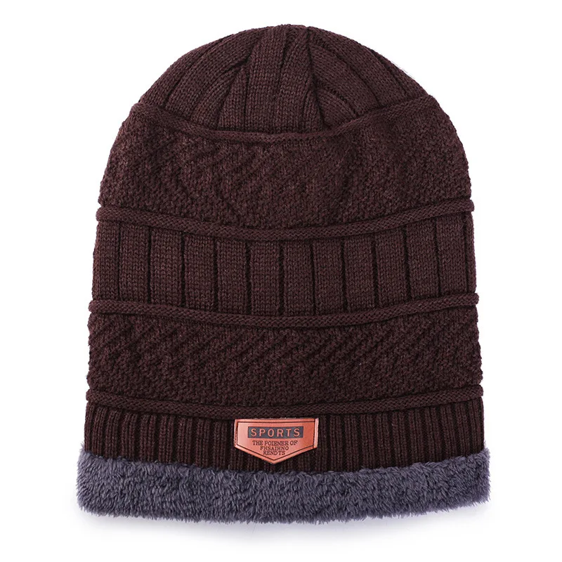 fashion Brand Solid Color Knit Beanies Hat Scarf Plus Velvet Winter Hat Man Woman Warm Thicken Hedging Cap Ski Soft Scarves - Цвет: Коричневый