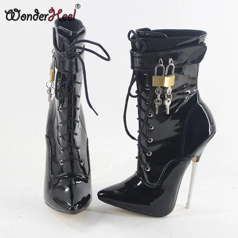 Wonderheel/Новинка; Туфли на очень высоком каблуке-шпильке 16 см с острым носком из лакированной кожи; закрывающиеся на висячие замки; пикантные женские ботильоны без молнии