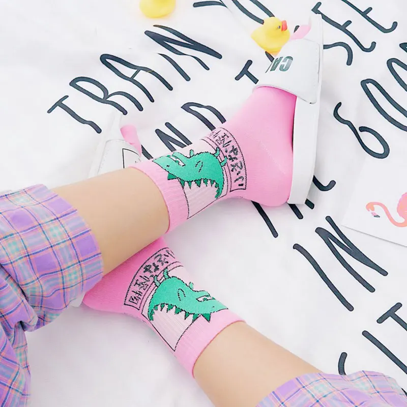 Epous/летние женские хлопковые носки Harajuku с рисунком динозавра из мультфильма