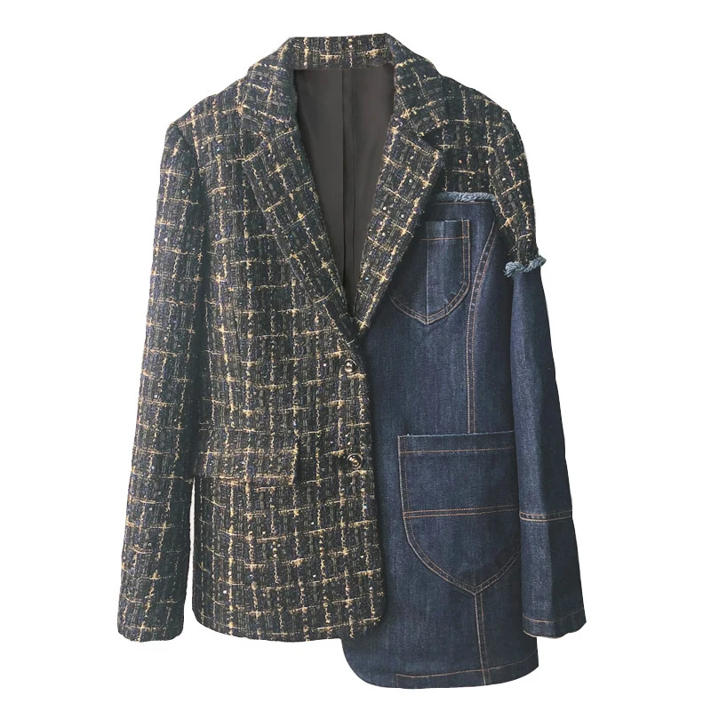 TWOTWINSTYLE джинсовый женский костюм с длинным рукавом, ассиметричный клетчатый Блейзер, пальто для женщин, плюс размер,, весна-осень, мода